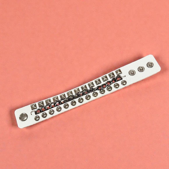 Punk Studded Leather Wristband Gothic Rock White Bracelet with Double-Row Spikes - Picture 1 of 1